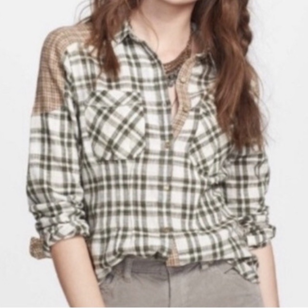 Free People Plaid Button-Down Shirt - Black, White, and Tan, 100% cotton, XS